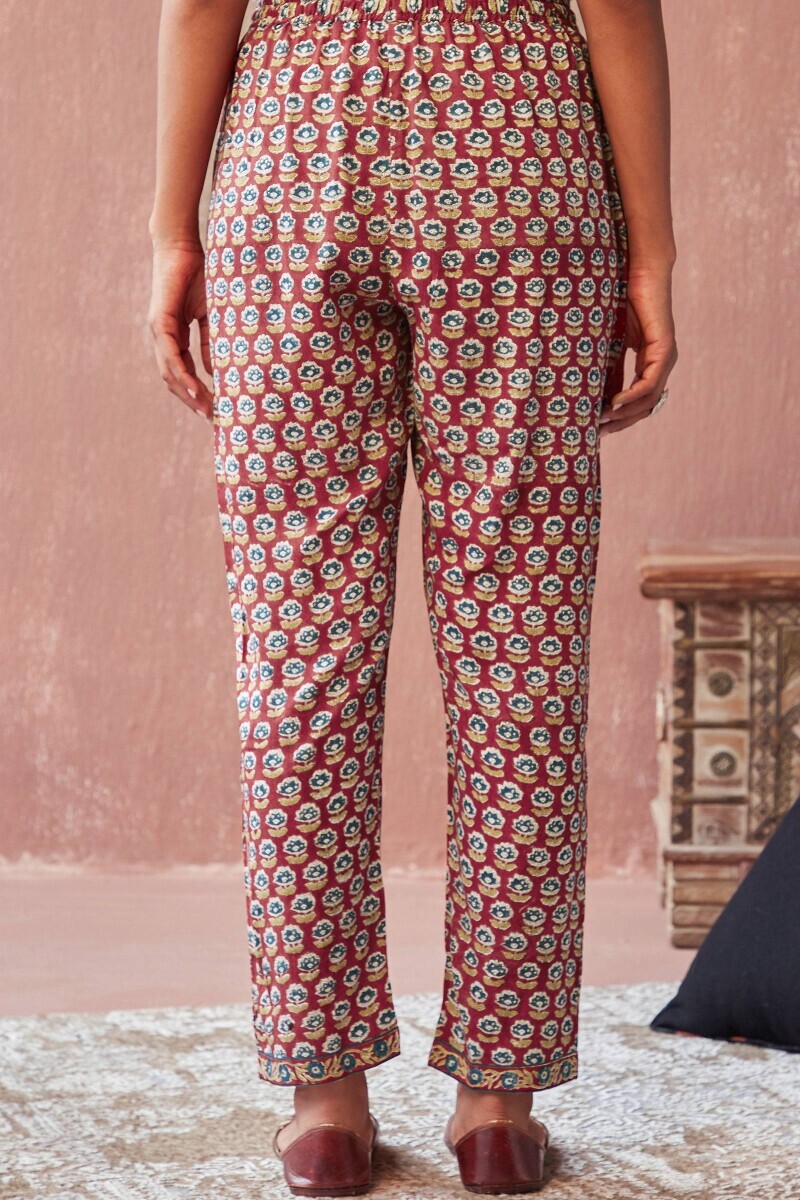 Red Hand Block-Printed Viscose Narrow Pants