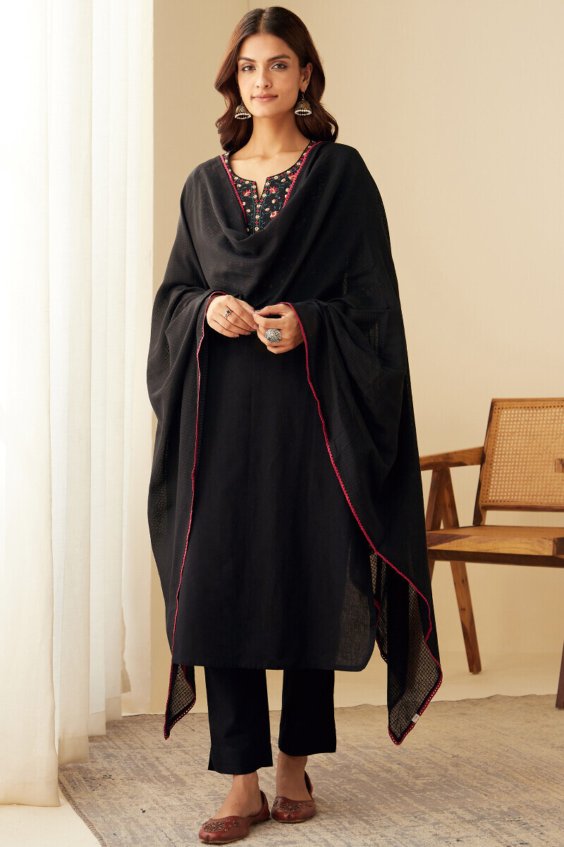 Black Handcrafted Straight Cotton Flax Kurta