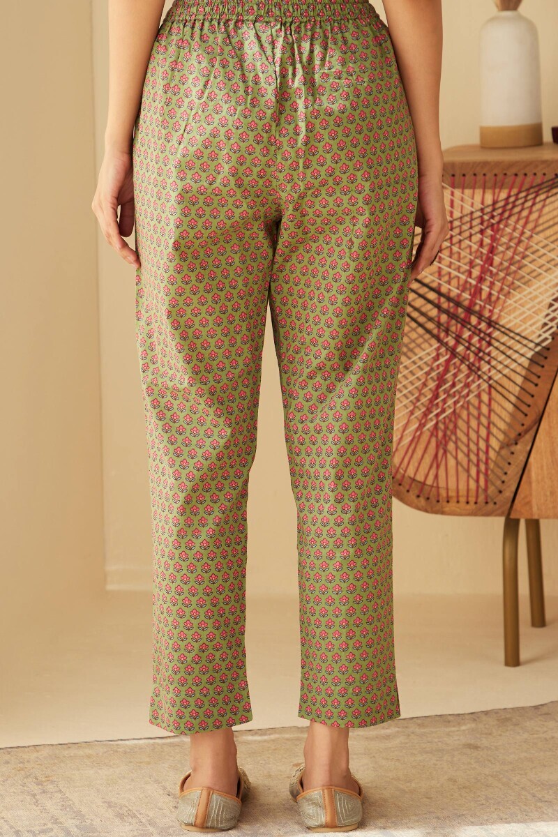 Green Hand Printed Cotton Narrow Pants