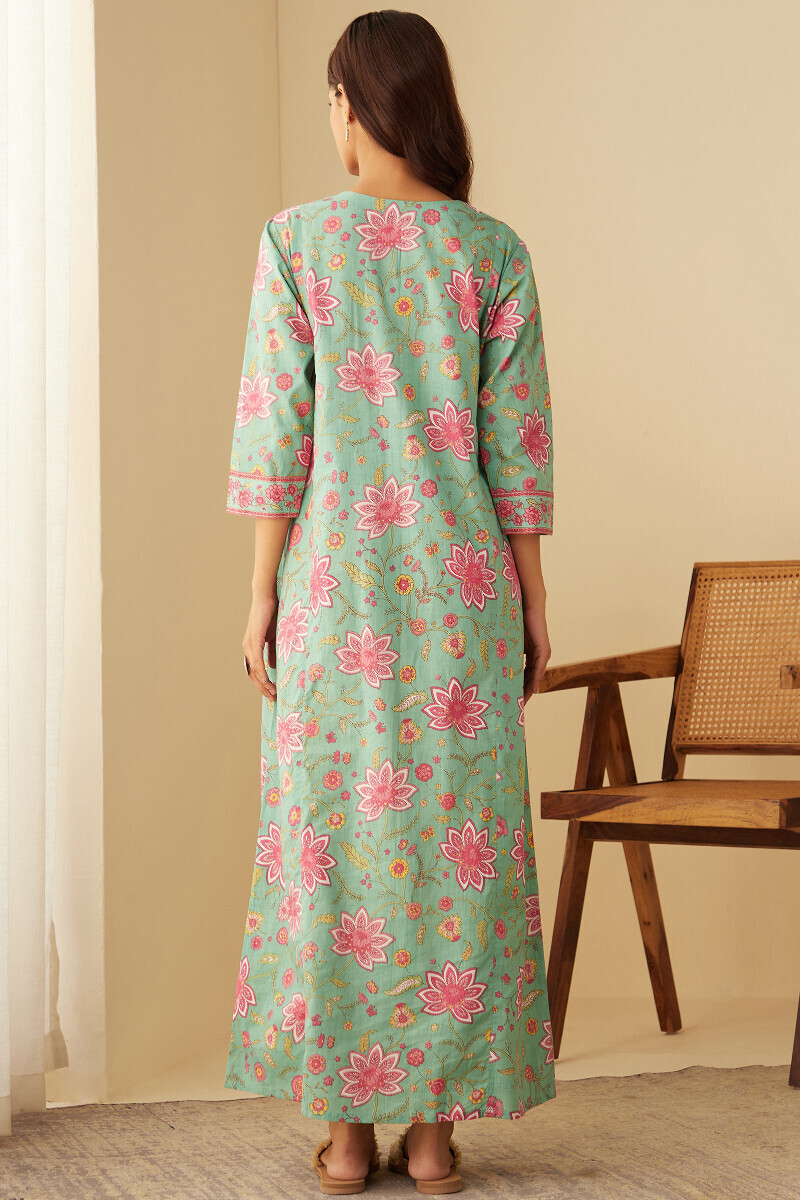 Green Hand Printed Cotton Kaftan