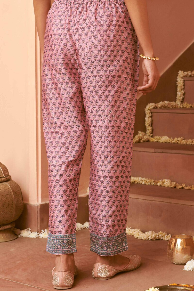 Pink Hand Block-Printed Chanderi Narrow Pants