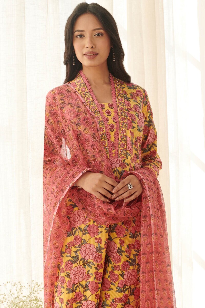 Yellow Hand Printed Straight Cotton Dobby Kurta