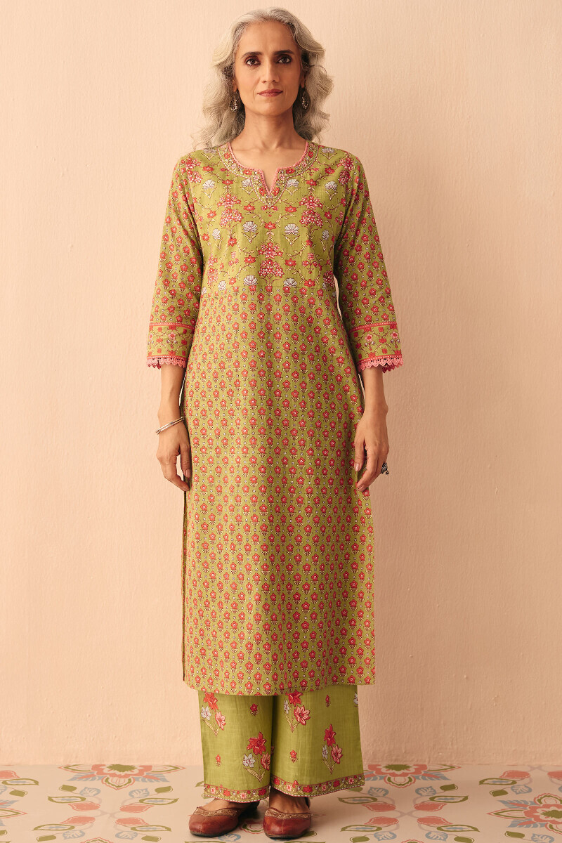 Green Hand Printed Straight Cotton Slub Kurta