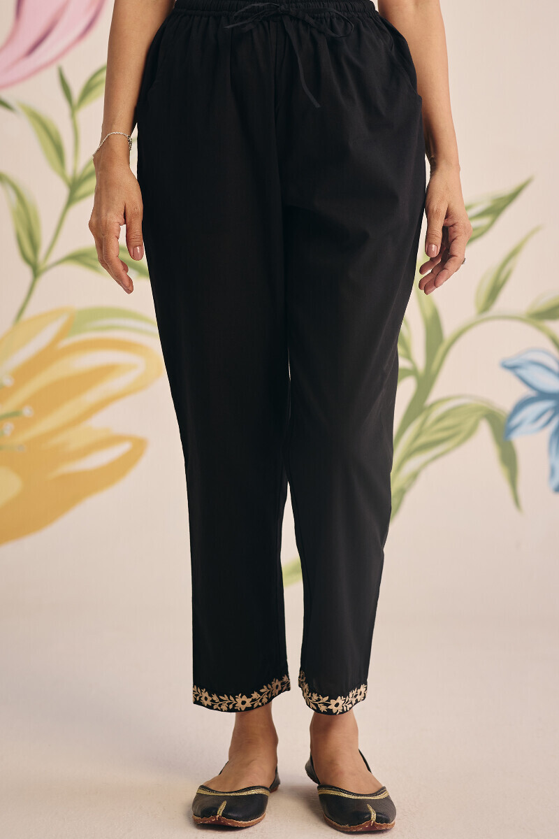 Black Handcrafted Cotton Narrow Pants
