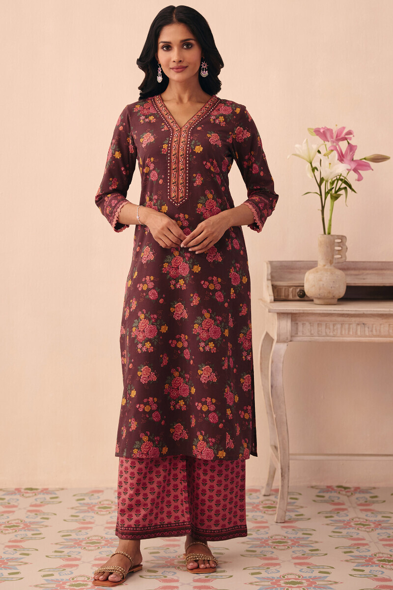 Brown Printed Straight Cotton Kurta