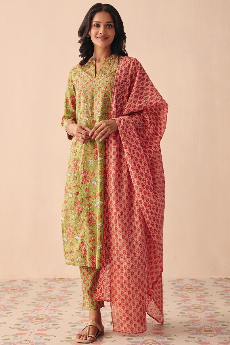 Green Hand Printed Cotton Slub Narrow Pants