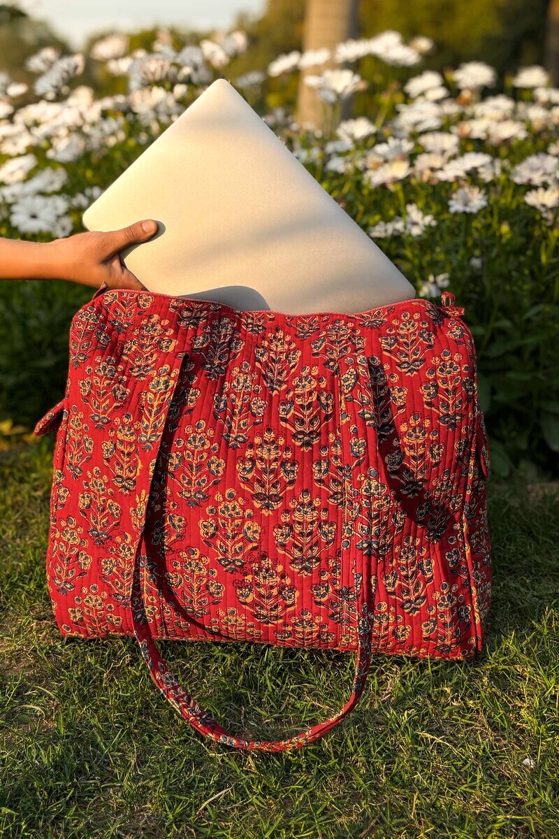 Red Hand Block Printed Holdall Bag