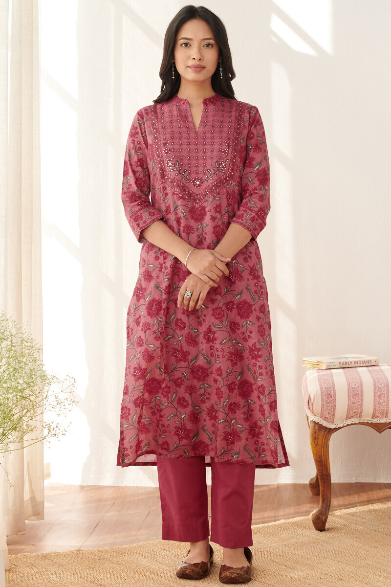 Pink Printed Straight Cotton Kurta