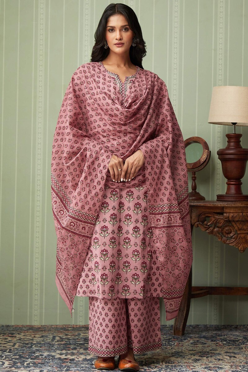 Pink Hand Printed Straight Cotton Kurta