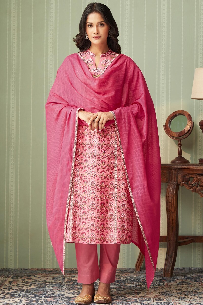 Pink Hand Printed Straight Cotton Kurta