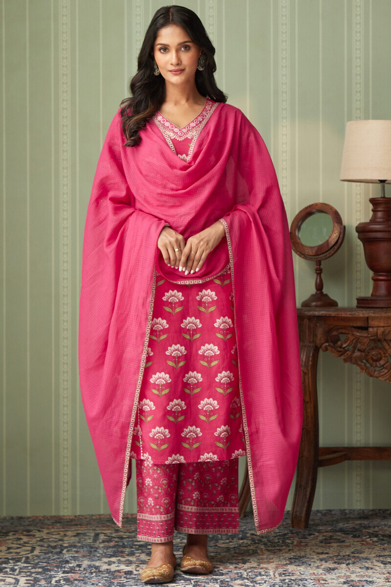 Pink Hand Printed Straight Cotton Kurta