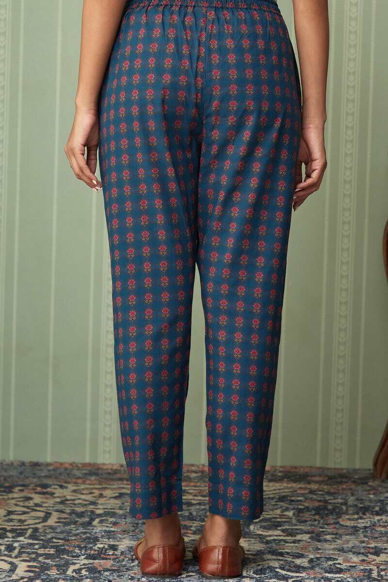 Blue Printed Cotton Narrow Pants