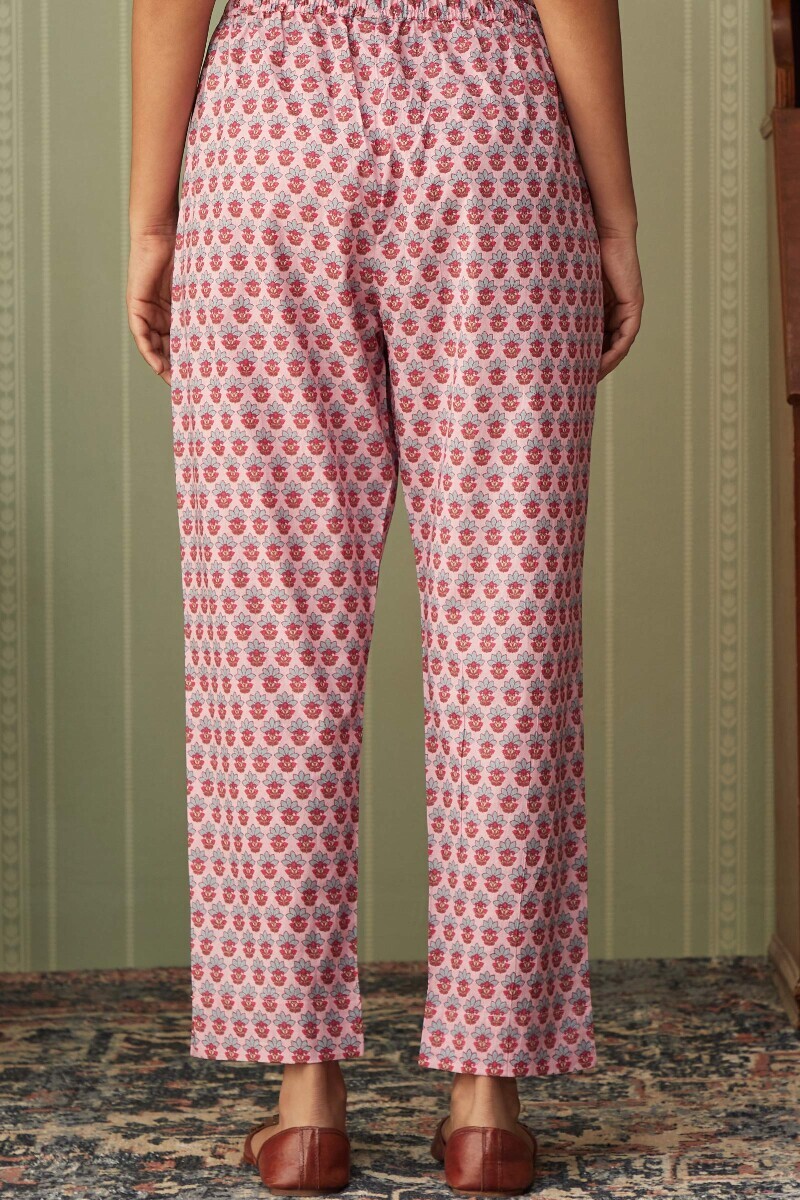 Pink Hand Printed Cotton Narrow Pants