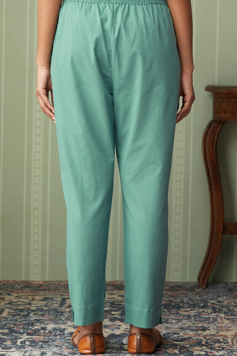 Green Handcrafted Cotton Narrow Pants