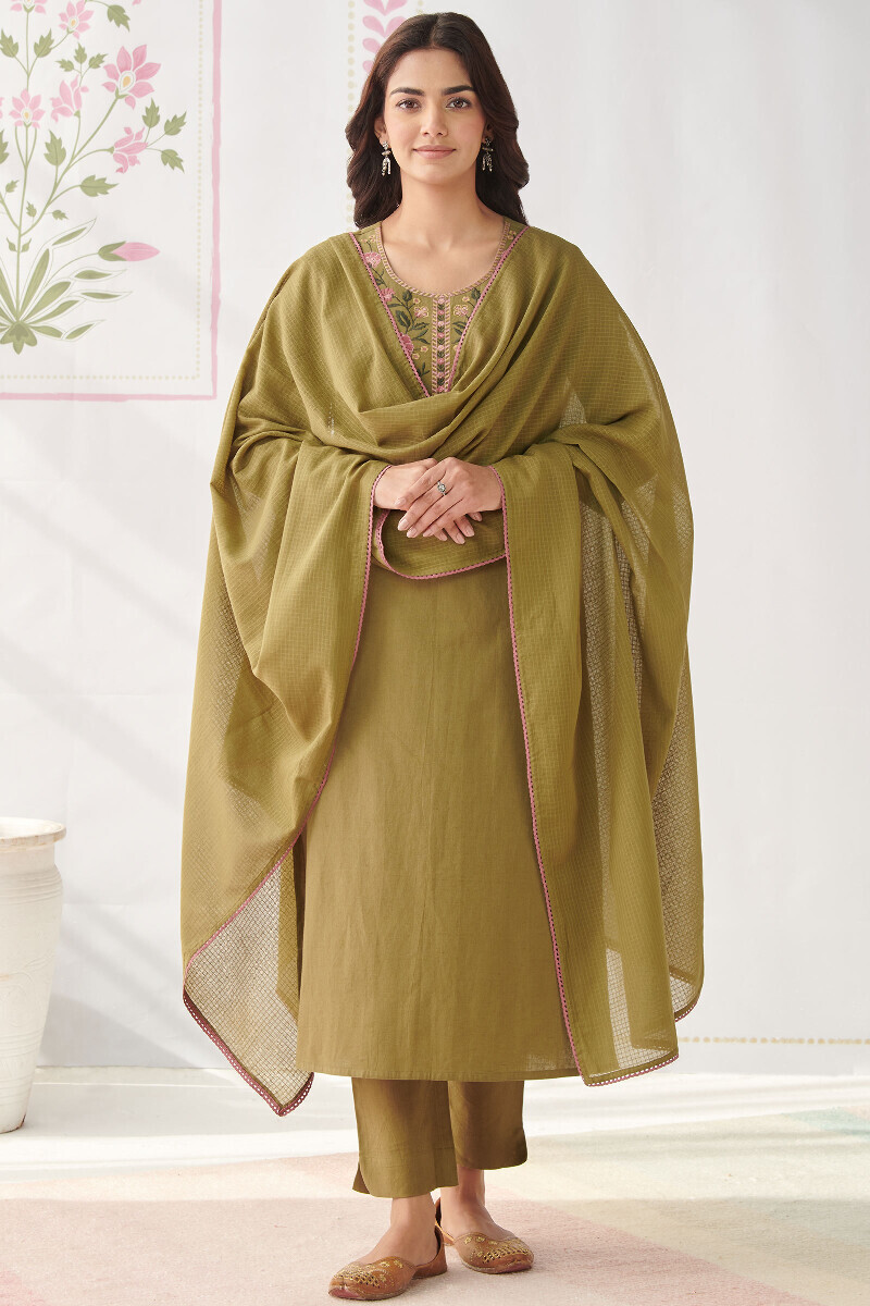 Olive Green Handcrafted Straight Cotton Flax Kurta