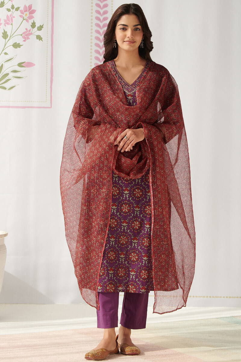 Purple Hand Printed Straight Cotton Kurta