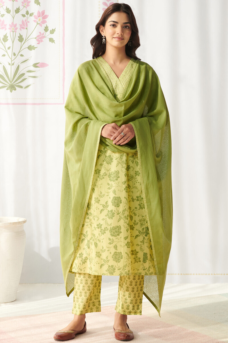 Lime Green Hand Printed Straight Cotton Kurta