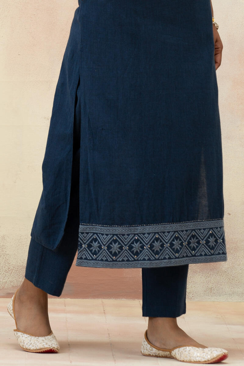 Blue Handcrafted Straight Cotton Kurta