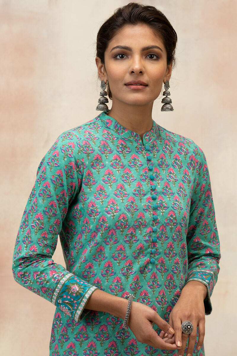 Green Block Printed Straight Cotton Kurta