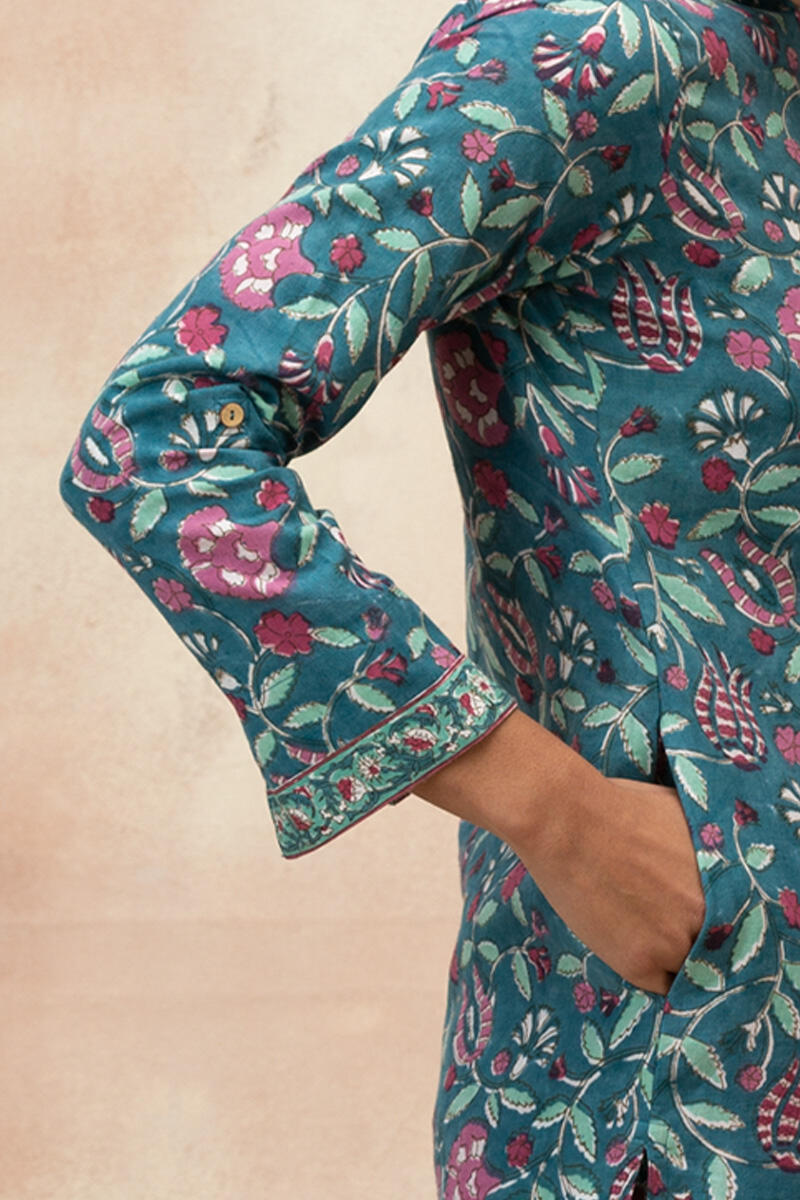 Turquoise Block Printed Straight Cotton Kurta
