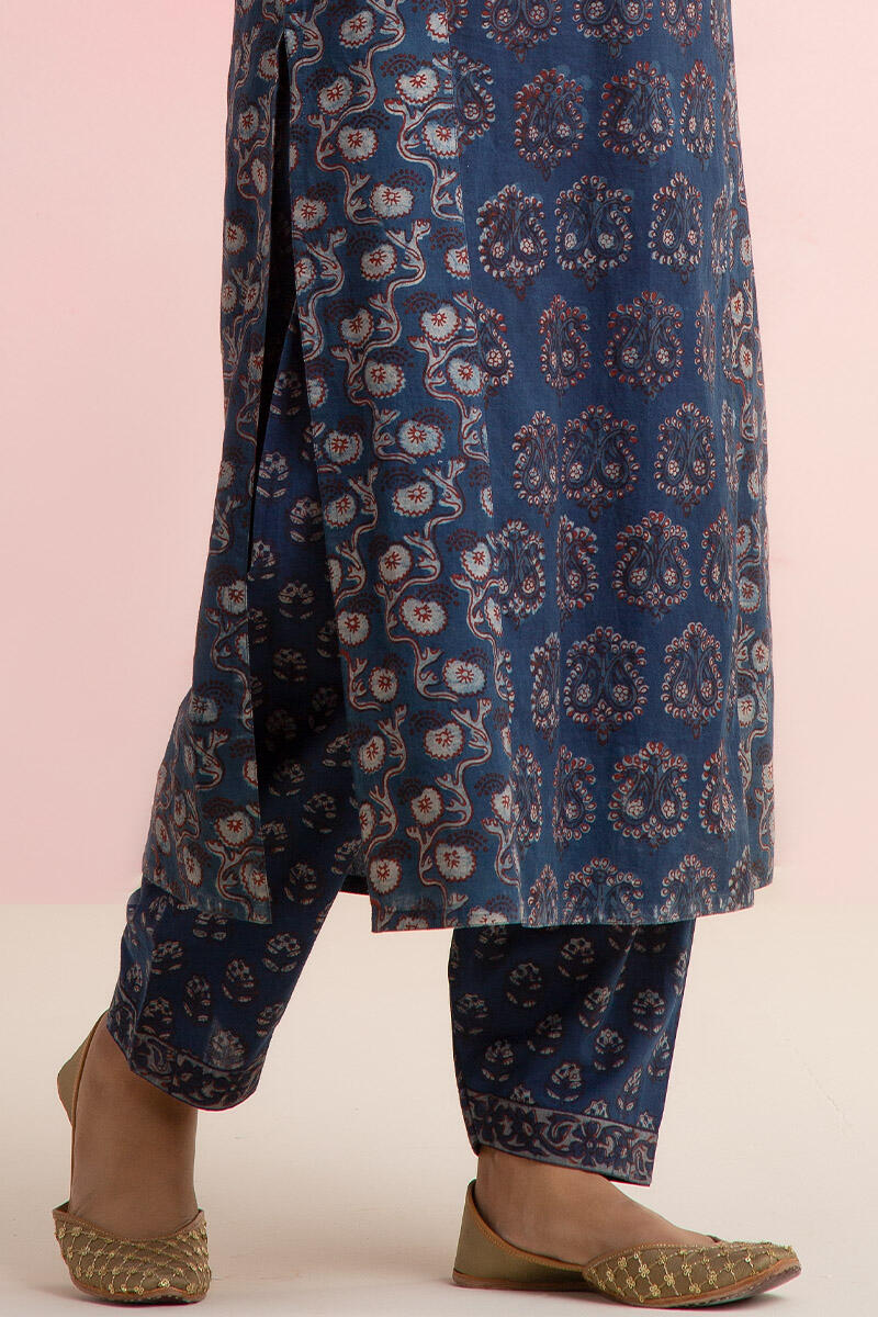 Indigo Block Printed Straight Cotton Kurta