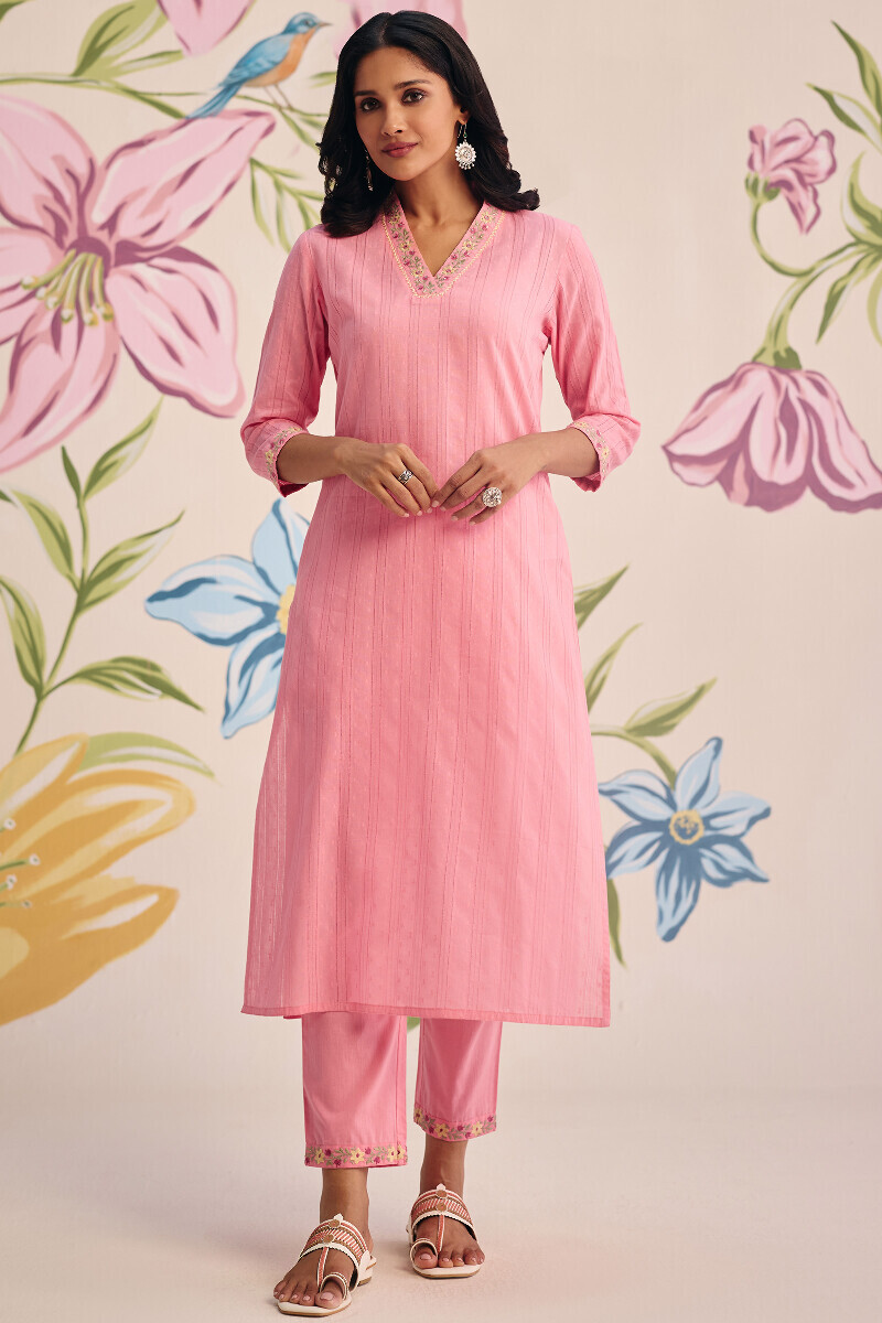 Pink Handcrafted Straight Cotton Dobby Kurta