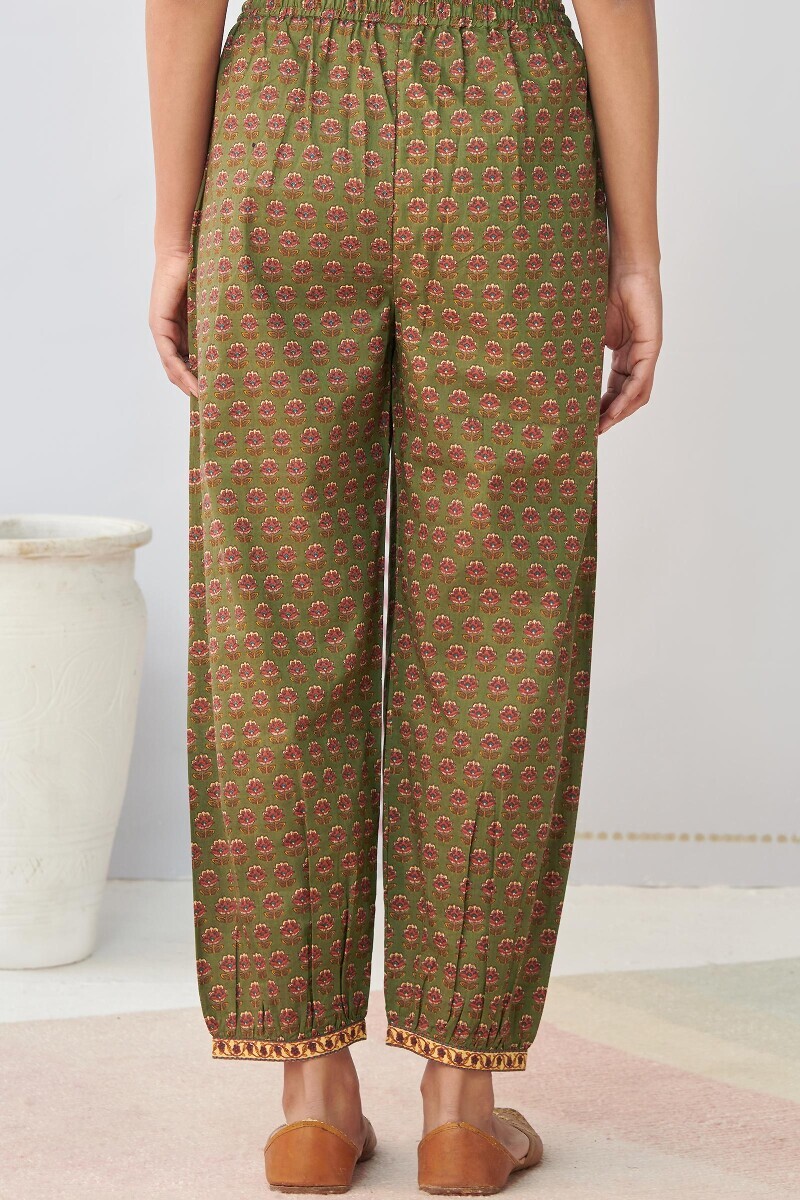 Olive Green Hand Printed Cotton Izhaar Pants