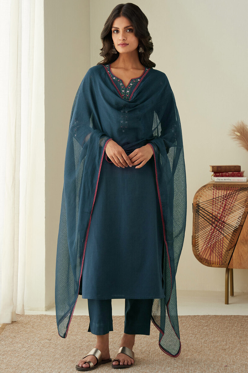 Twilight Blue Handcrafted Straight Cotton Flax Kurta