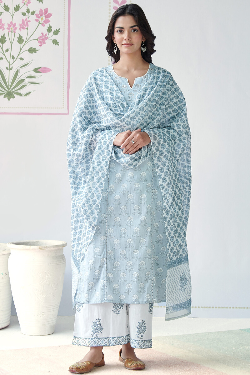 Blue Hand Printed Straight Cotton Kurta