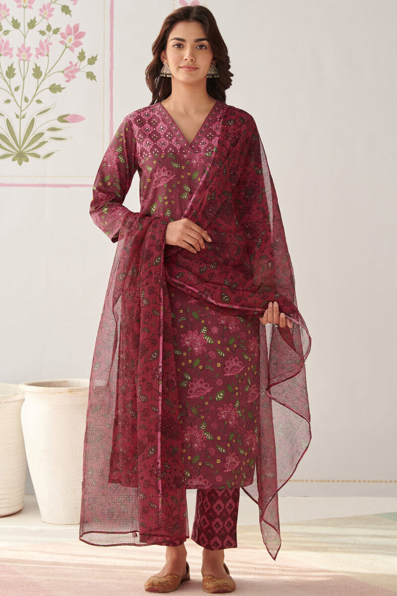 Mauve Hand Printed Straight Cotton Kurta