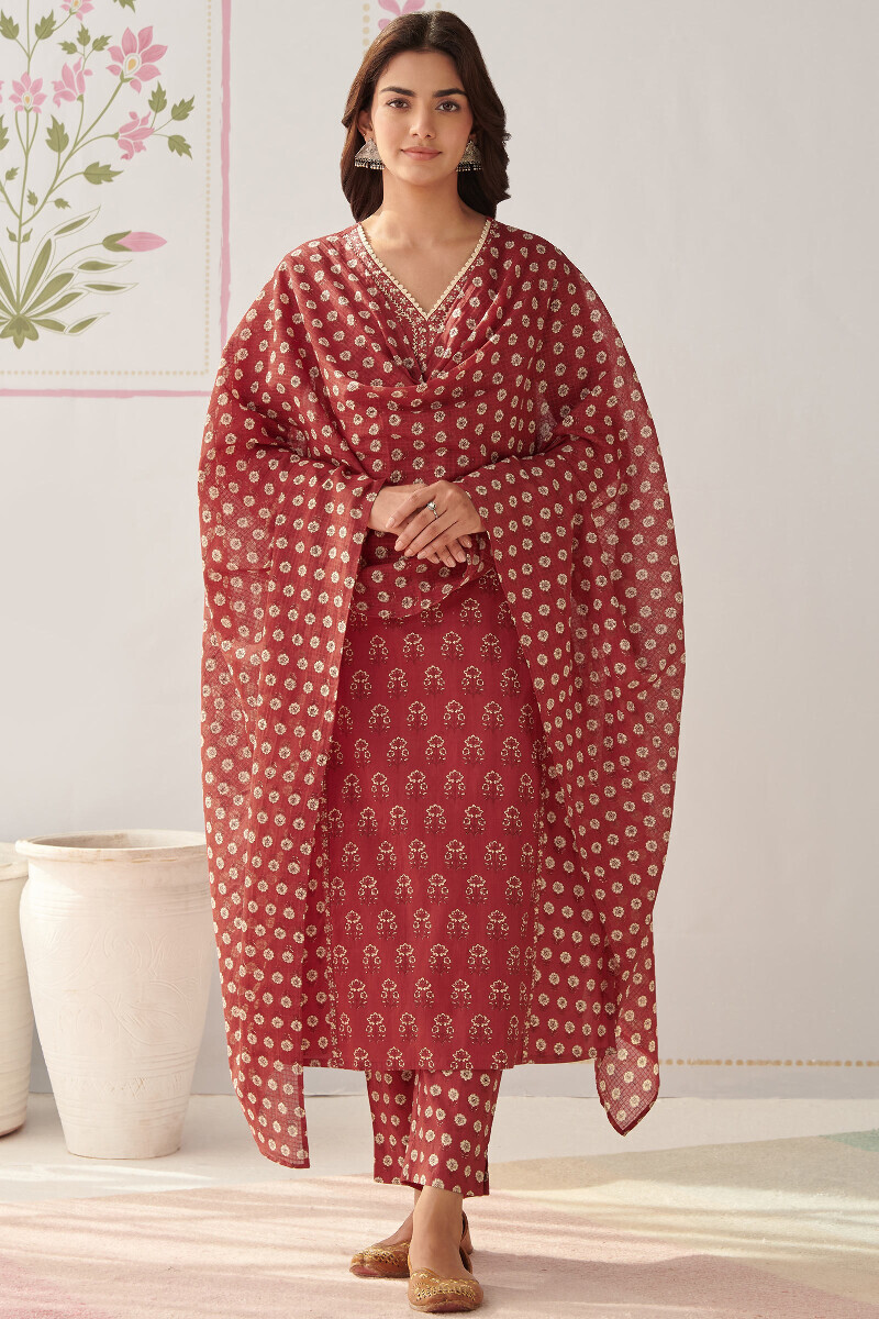 Red Hand Printed Straight Cotton Kurta