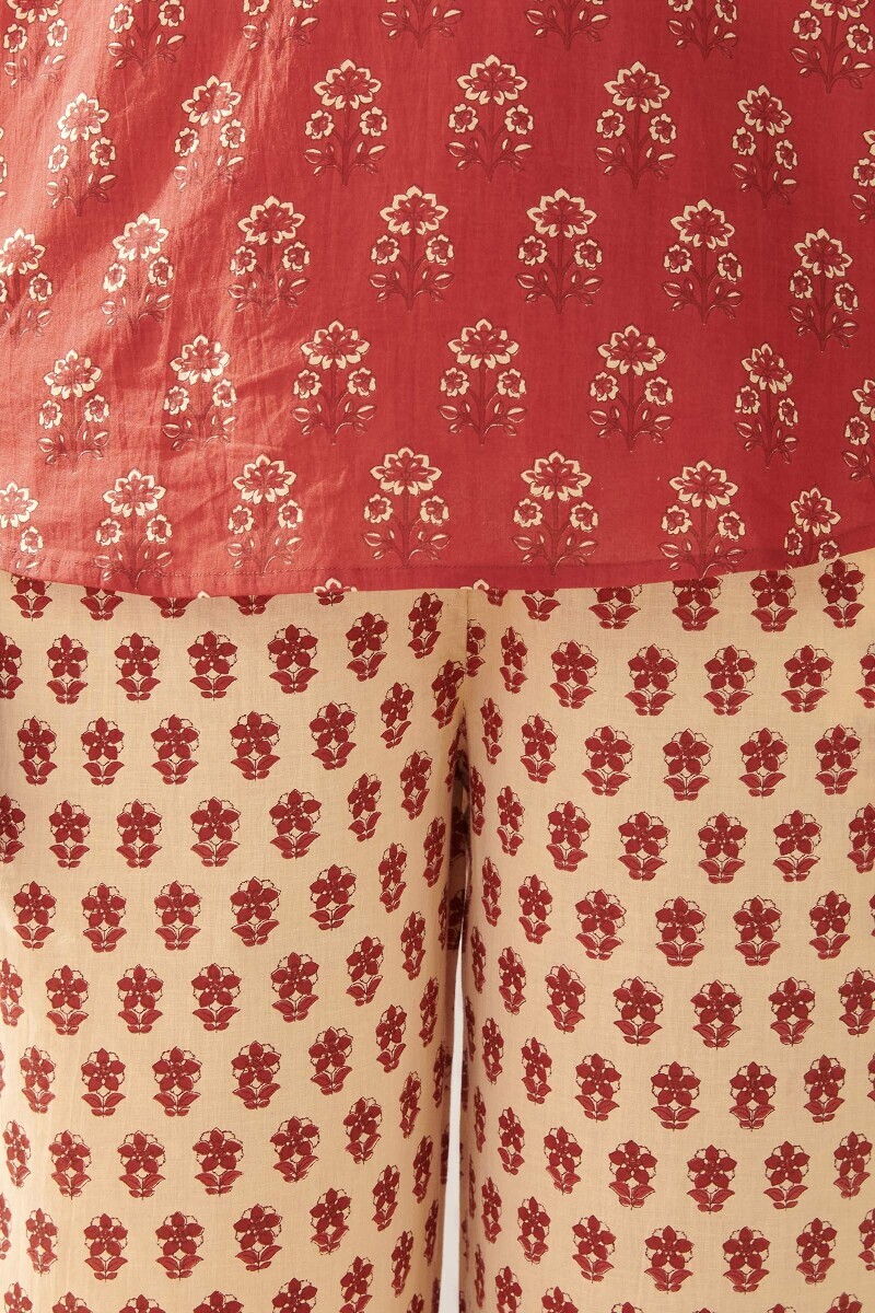 Red Hand Printed Cotton Loungewear Set