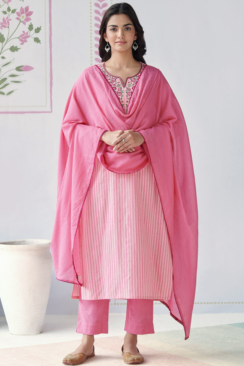 Pink Handcrafted Straight Cotton Kurta