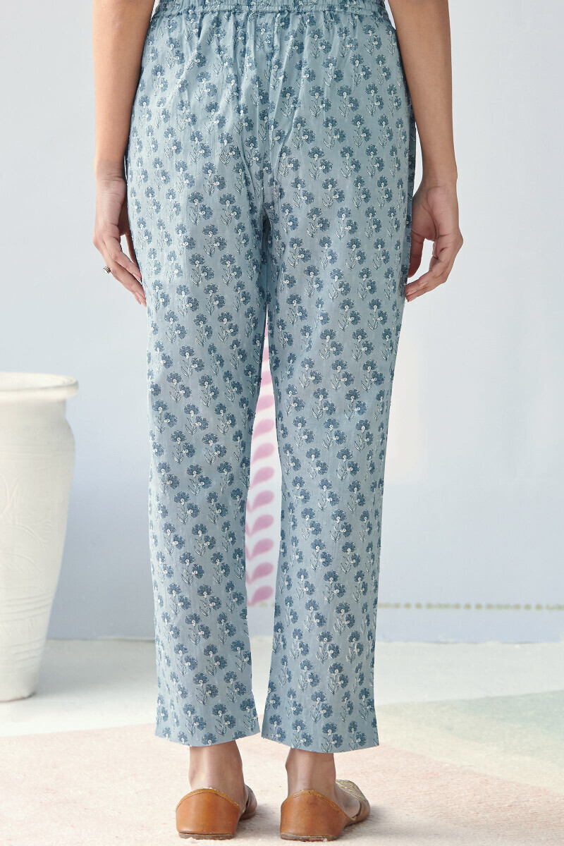 Blue Hand Printed Cotton Dobby Narrow Pants