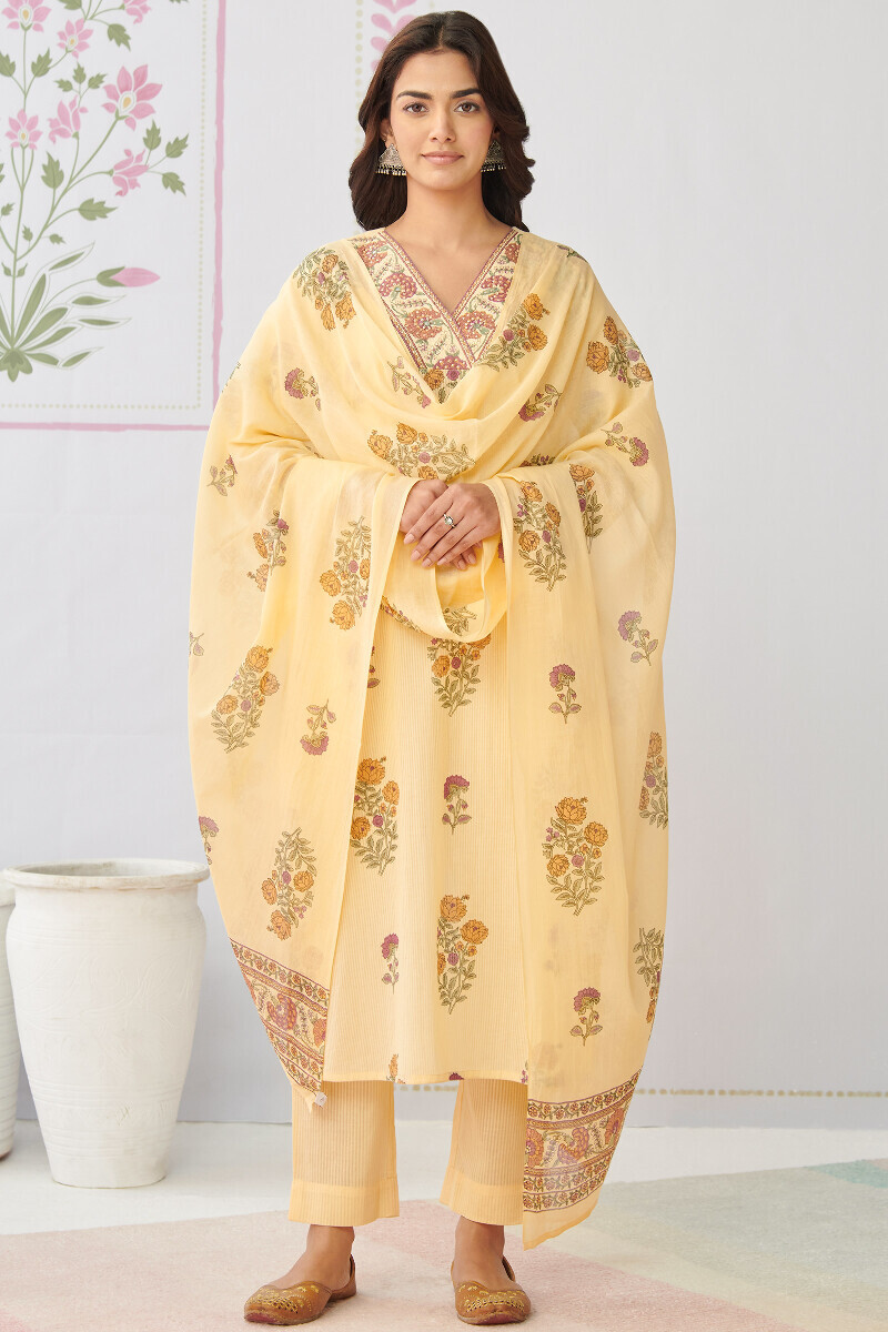 Beige Hand Printed Straight Cotton Dobby Kurta