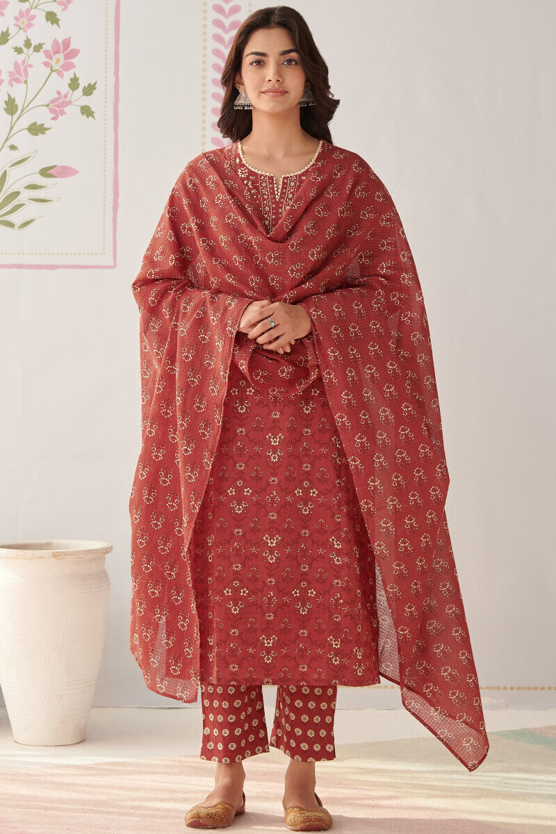 Red Hand Printed Straight Cotton Kurta