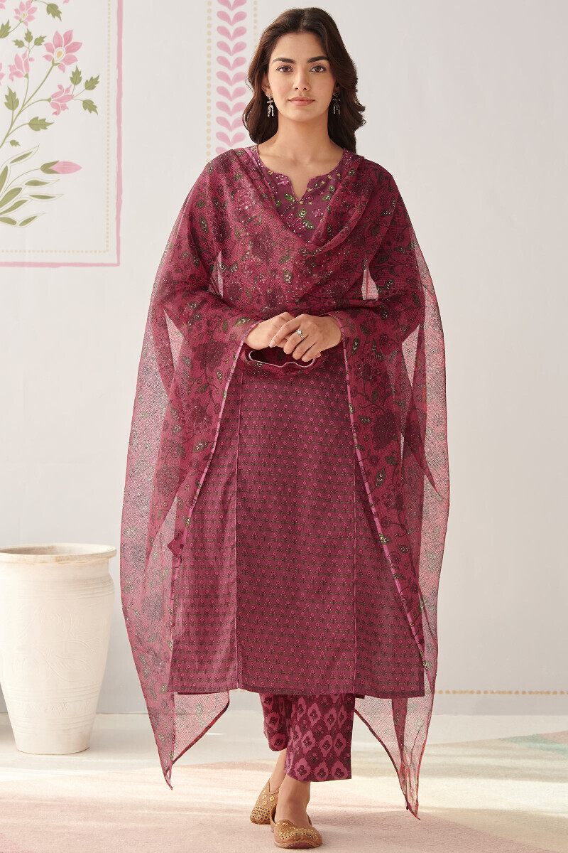 Mauve Handcrafted Straight Cotton Flax Kurta