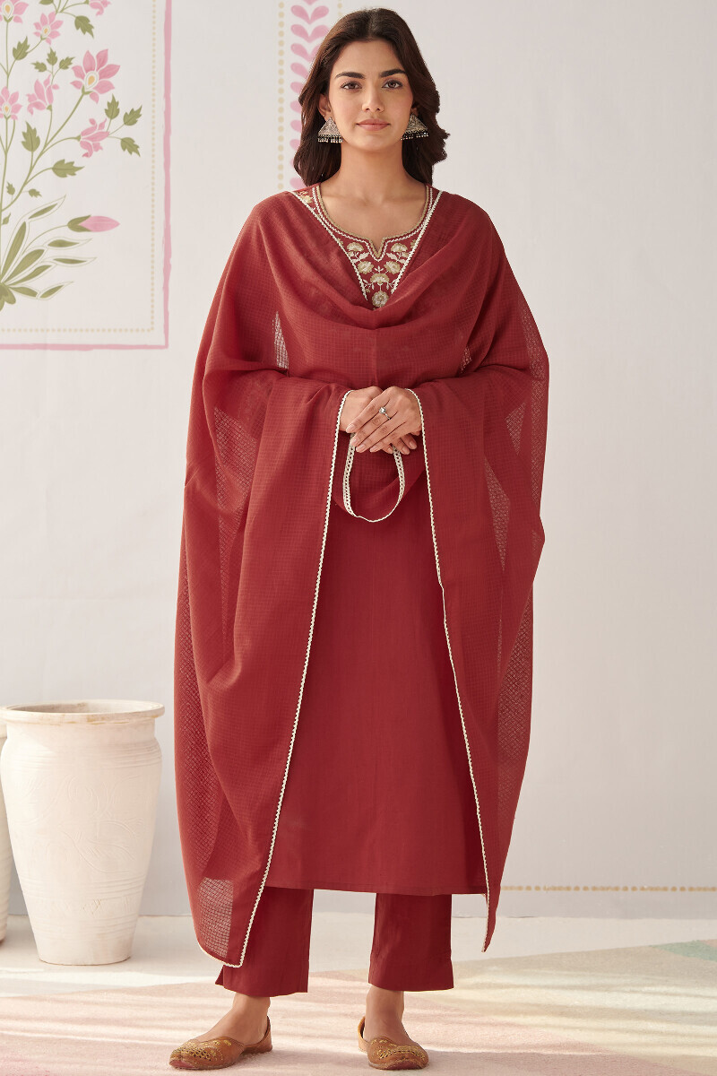 Red Handcrafted Straight Cotton Flax Kurta