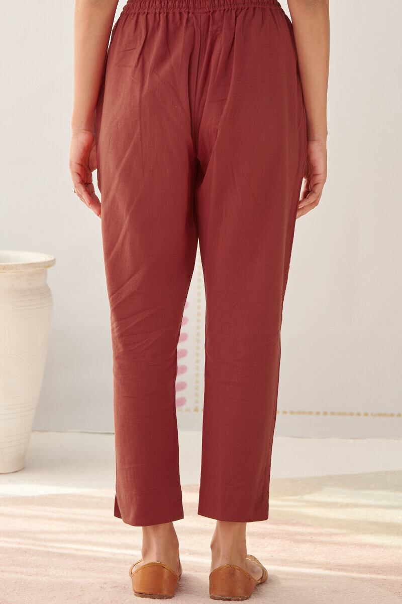 Red Handcrafted Cotton Flax Narrow Pants