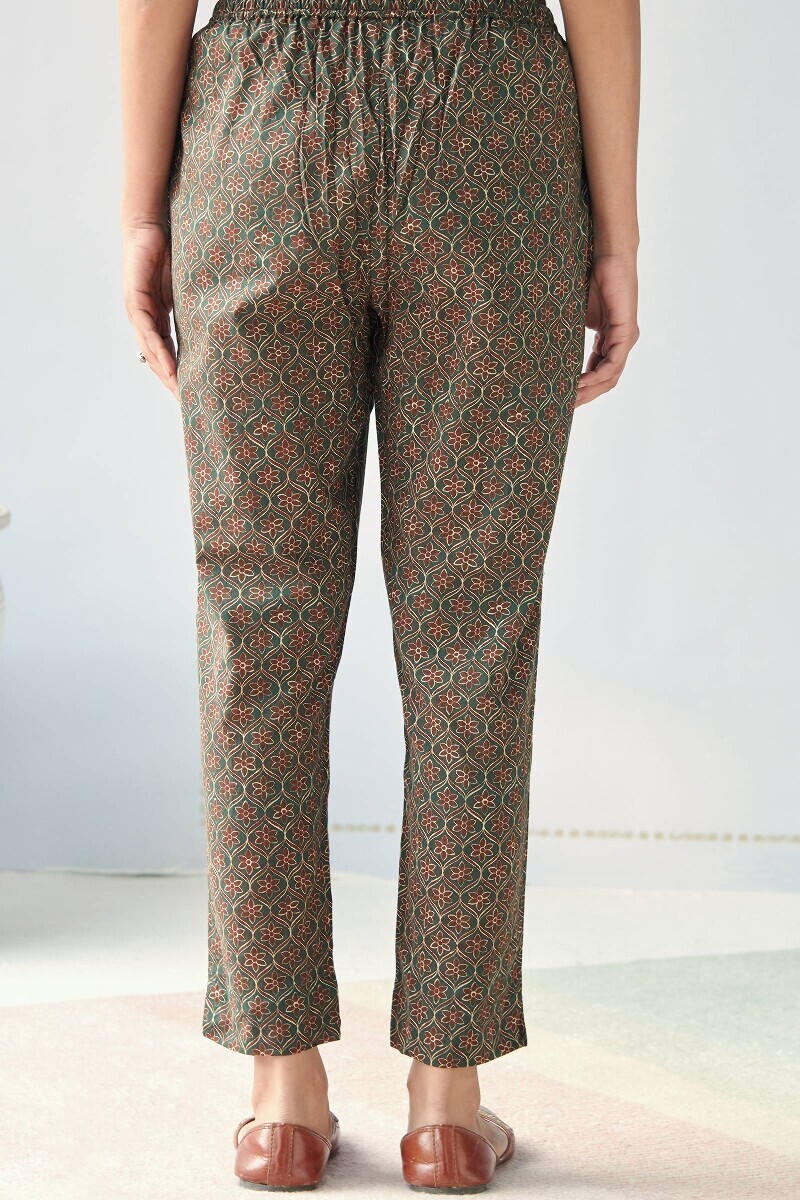 Green Printed Cotton Narrow Pants