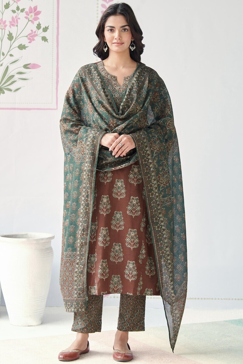 Brown Printed Straight Cotton Kurta