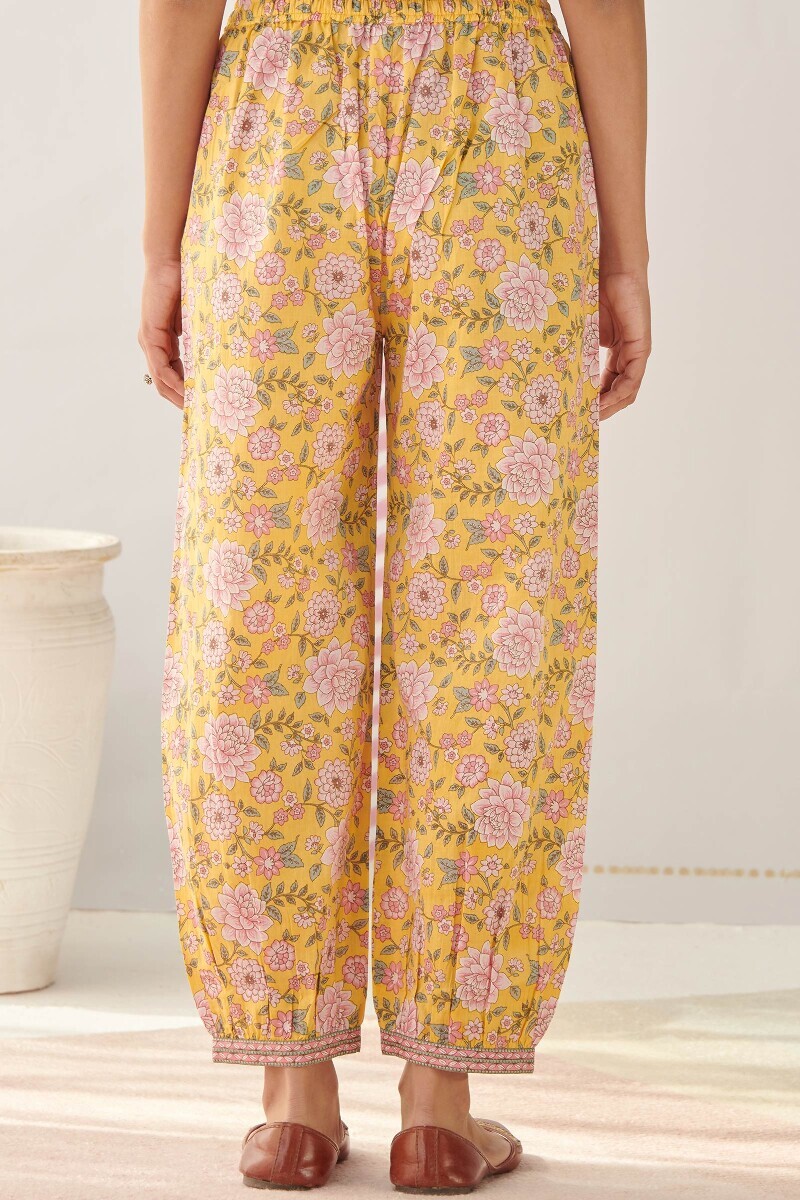 Yellow Hand Printed Cotton Izhaar Pants