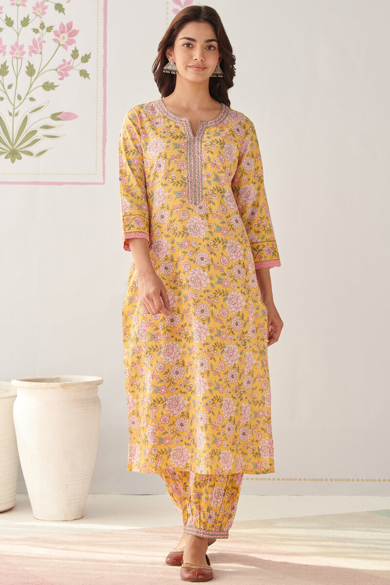 Yellow Hand Printed Straight Cotton Kurta