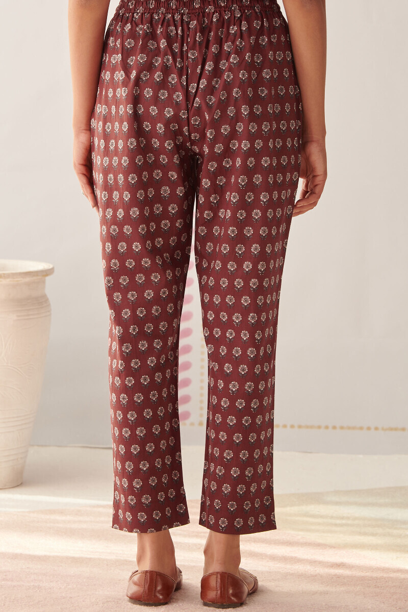 Maroon Hand Printed Cotton Narrow Pants