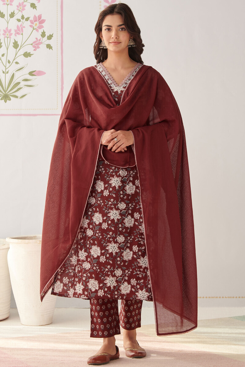 Maroon Hand Printed Straight Cotton Kurta