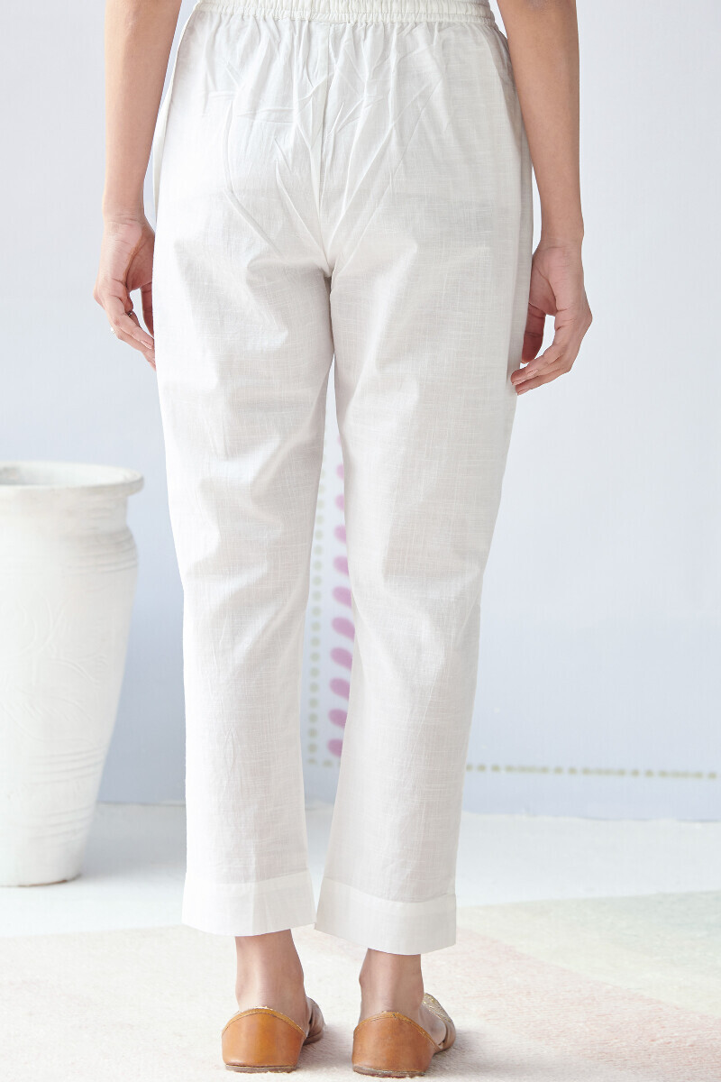 White Handcrafted Printed Cotton Slub Narrow Pants