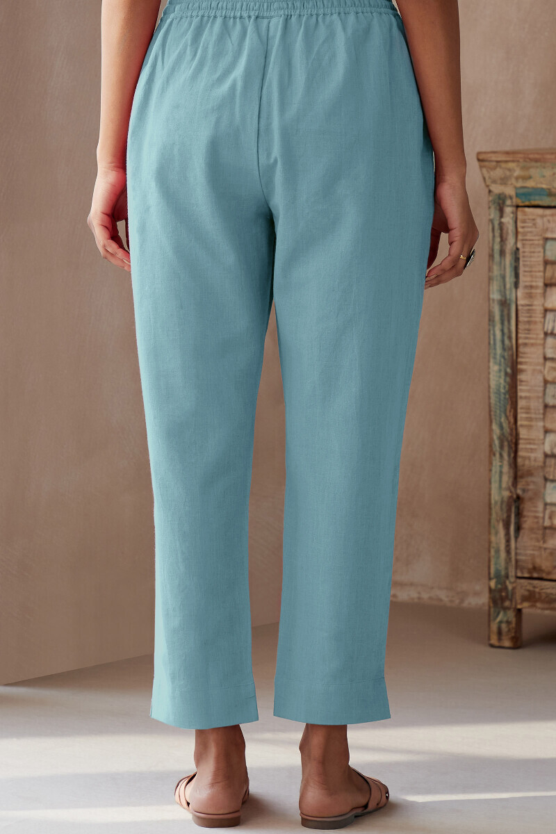 Blue Handcrafted Cotton Flax Narrow Pants