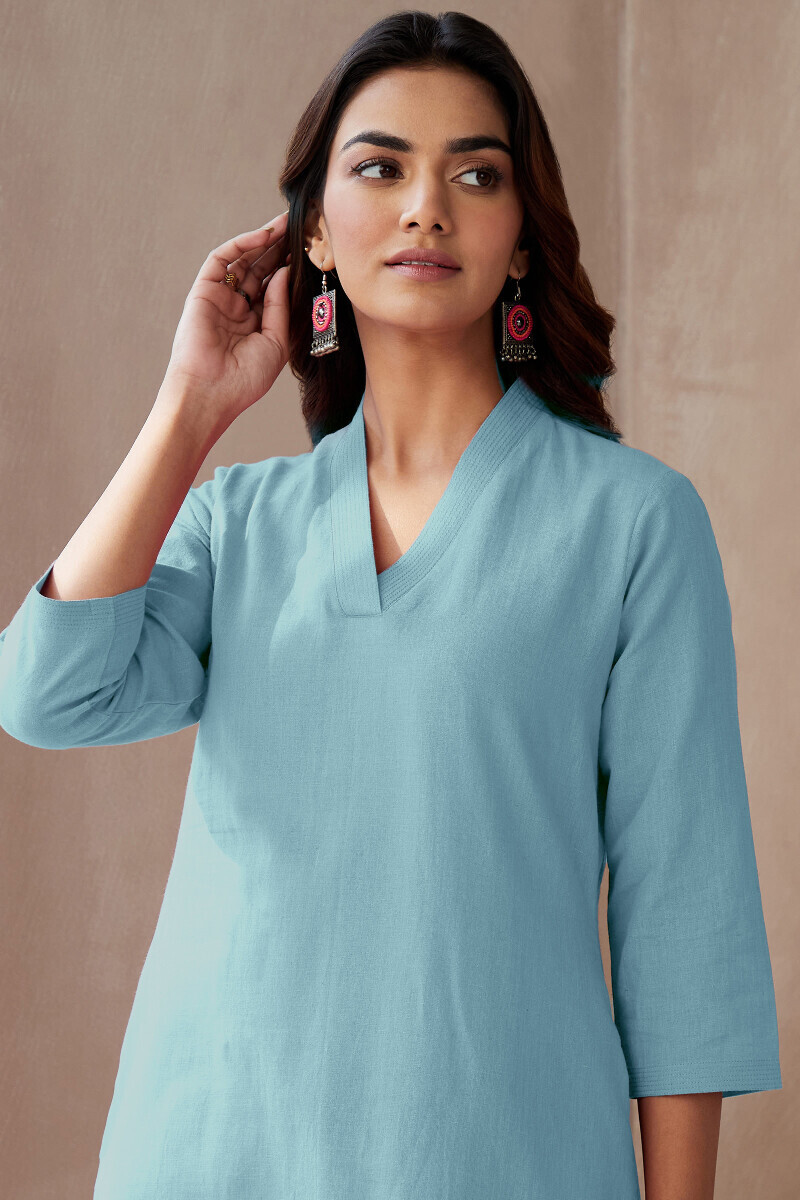 Blue Handcrafted Straight Cotton Flax Kurta