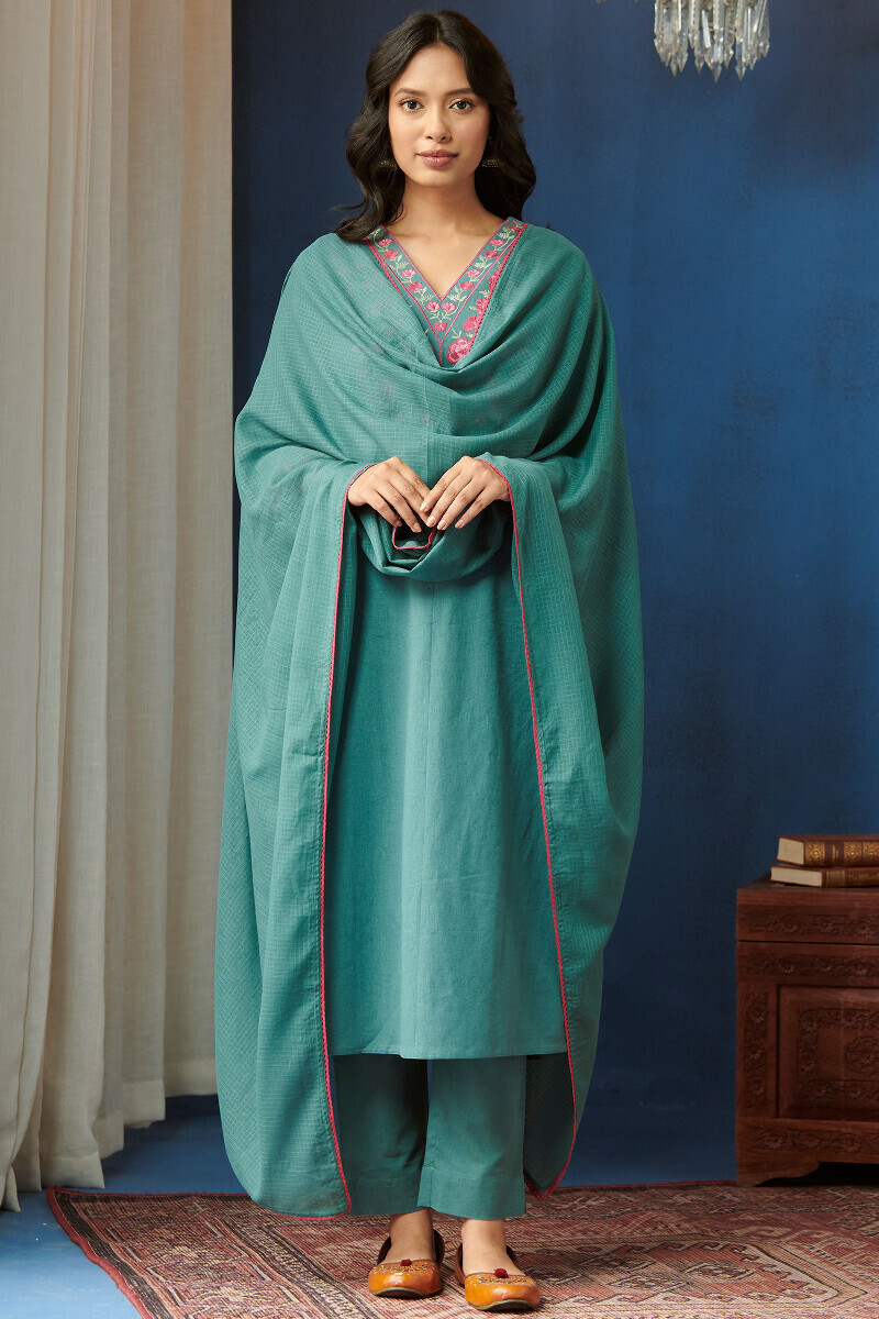 Teal Blue Handcrafted Straight Cotton Flax Kurta