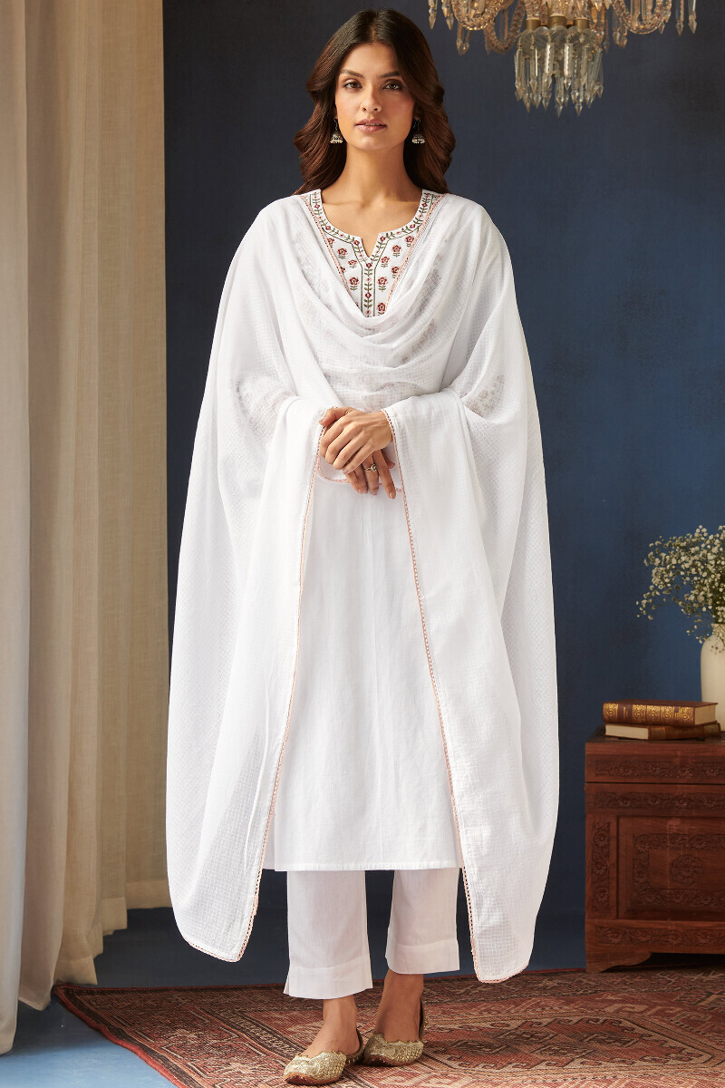 White Handcrafted Kota Dupatta